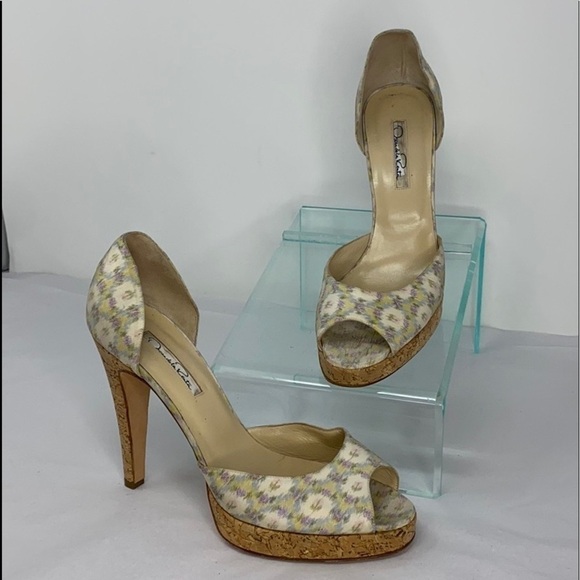 Oscar de la Renta Sz 39 Peep Toe Cork Heel D'orsay - Picture 1 of 12